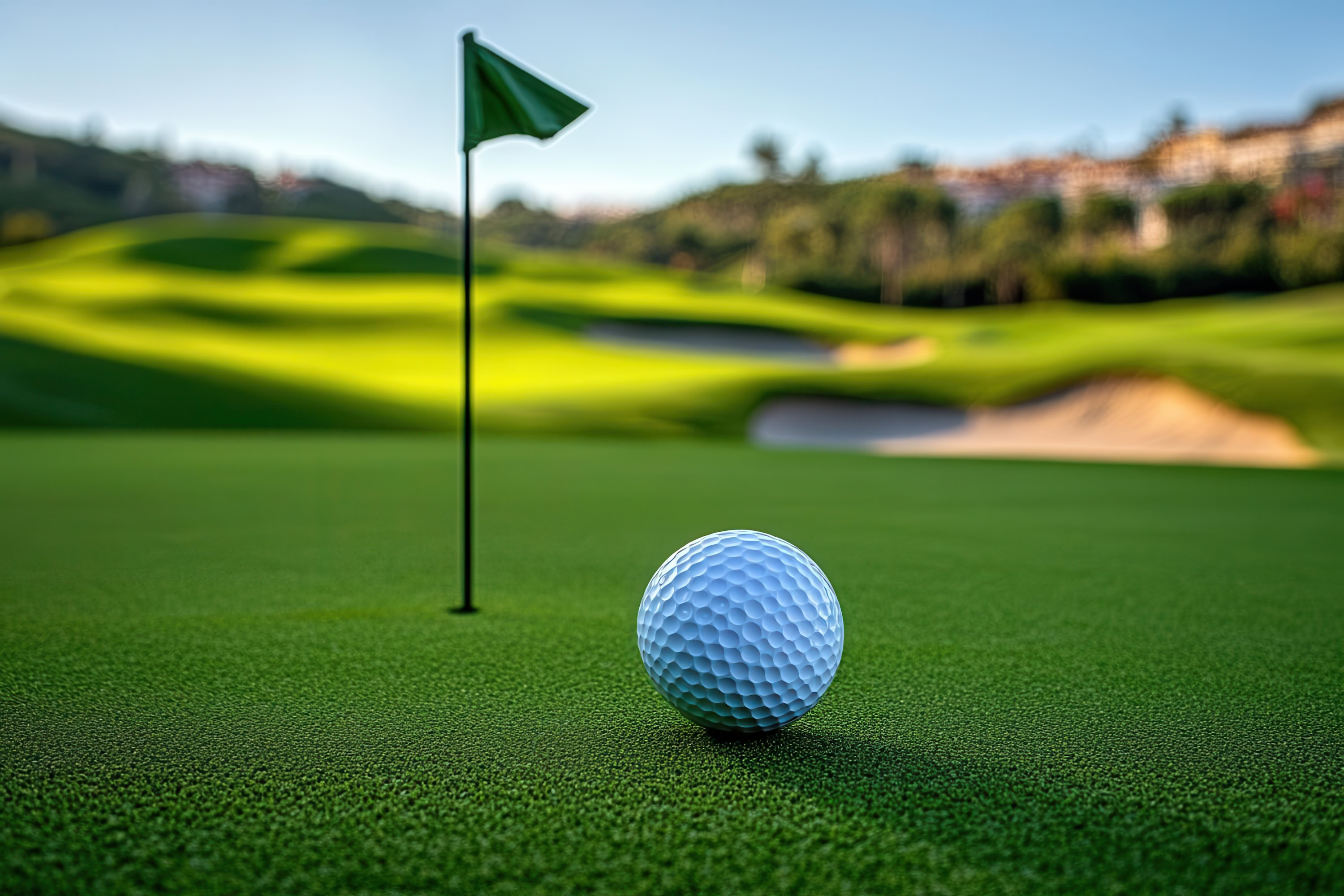 A closeup of a golf ball resting on a beautifully manicured green, the flag flapping gently in the breeze, vibrant course in the background,