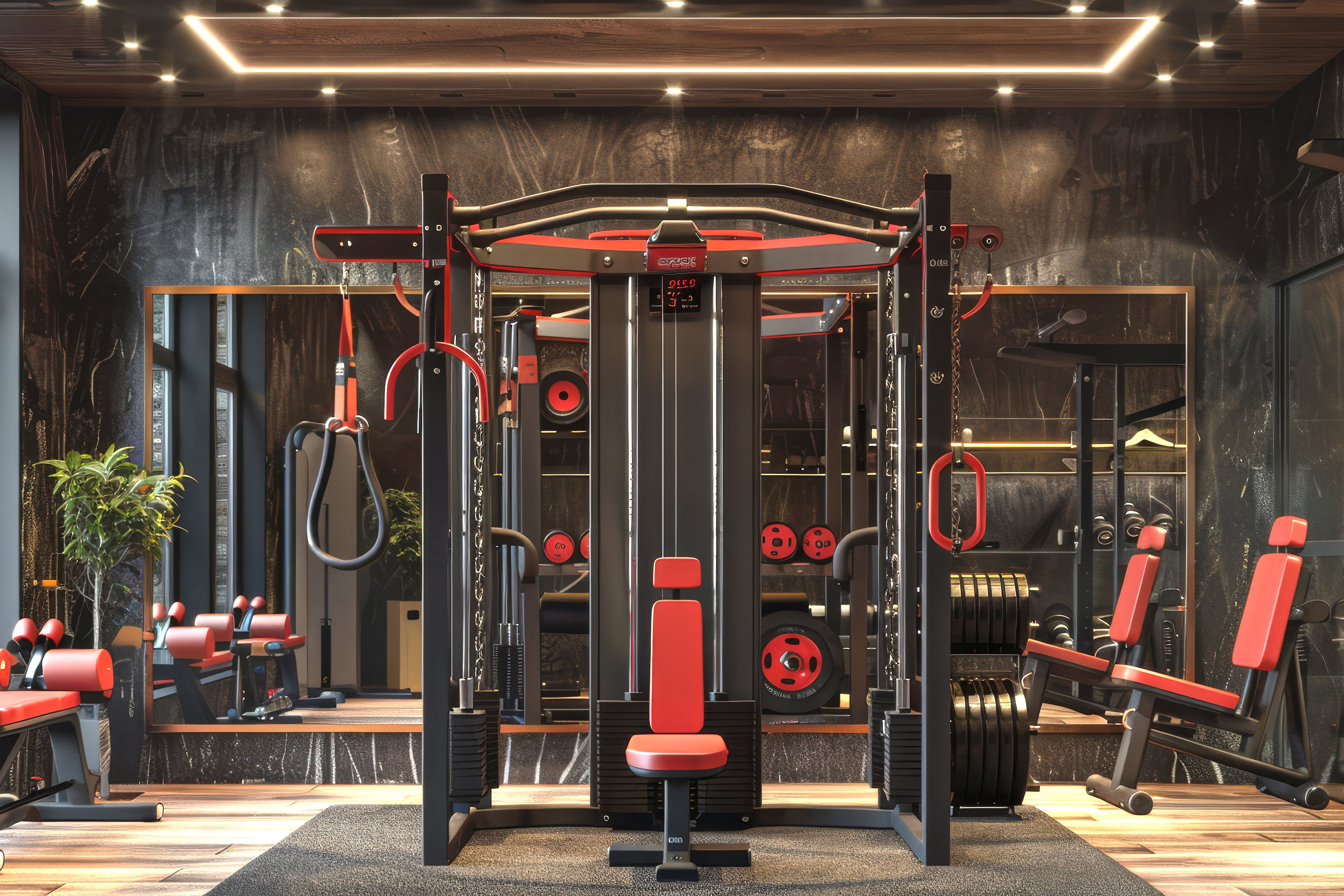 Dallas luxury home gym with premium fitness equipment and natural light.