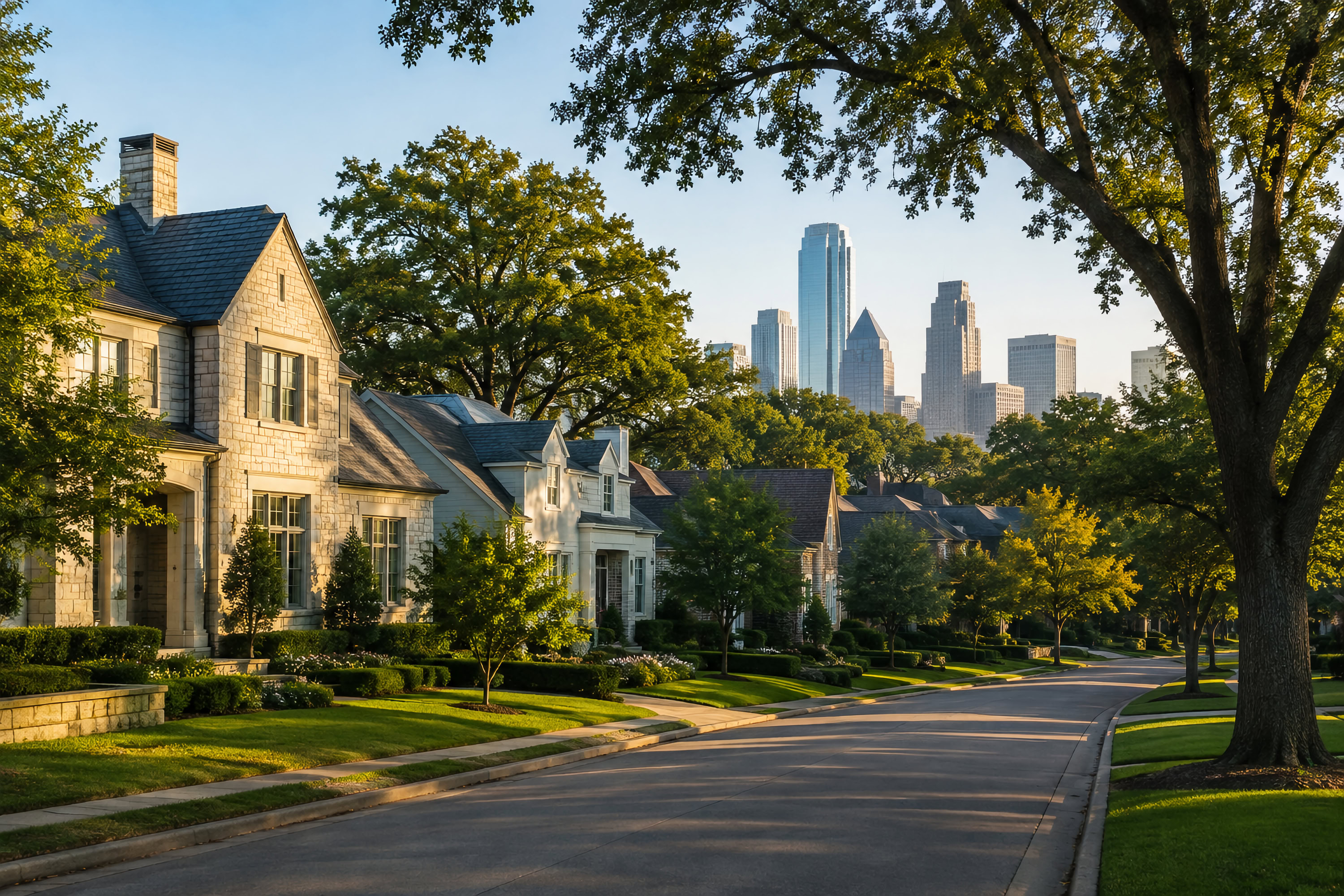 Dallas Residential Street - with Downtown Skyline